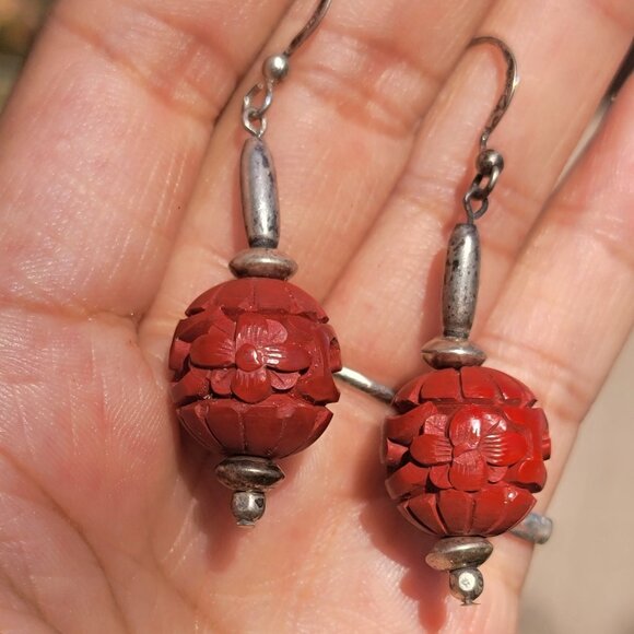 Jewelry - Gorgeous vintage 925 sterling silver carved red cinnabar flower swirl earrings